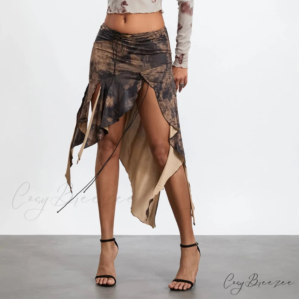 High Slit Retro Print Skirt skirts-250223