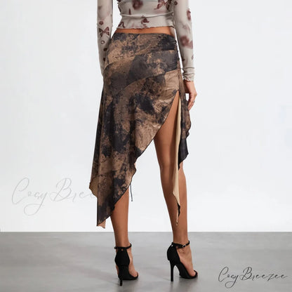 High Slit Retro Print Skirt skirts-250223