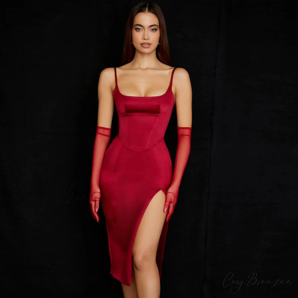 High Slit Slip Cocktail Modern Midi Dress - Light Blue S / Red