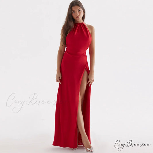 High Split Sleeveless Evening Modern Maxi Dress - Black S / Red