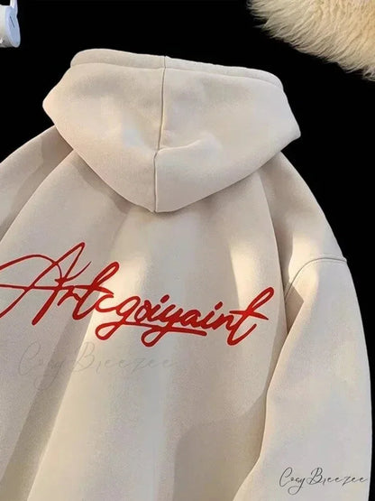 High Street Letter Print Oversized Hoodie Beige / M(40-45KG) hoodies-241228