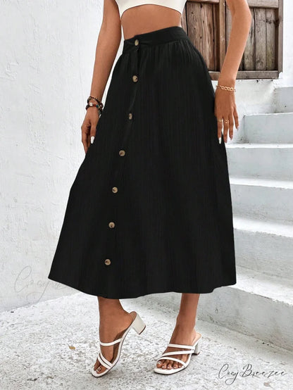 High Waist Button Detail Plisse A-line Skirt