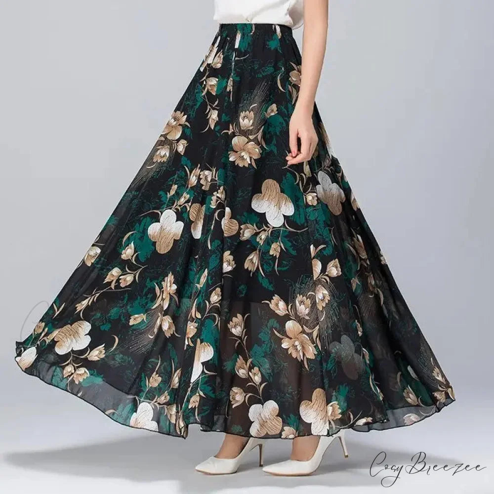 High Waist Elastic Waist Midi Full Long Skirt 2024 Black Tulip / M skirt-250126