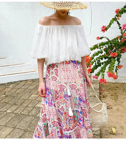 High Waist Floral Beach Skirt Lace Patchwork Stylish Cotton Maxi skirt-250126