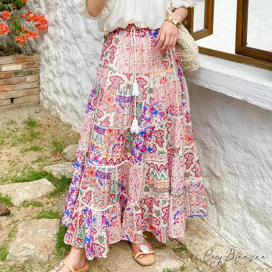 High Waist Floral Beach Skirt Lace Patchwork Stylish Cotton Maxi floral skirts / S skirt-250126