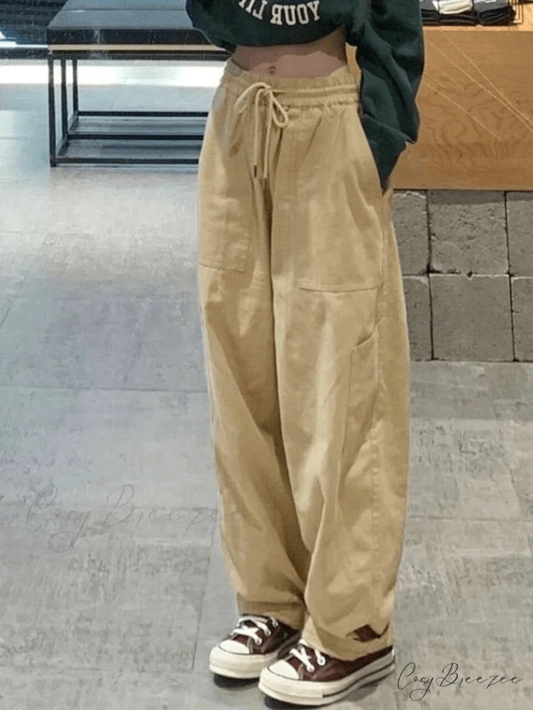 High Waist Graceful Pocket Cargo Pants Beige / S