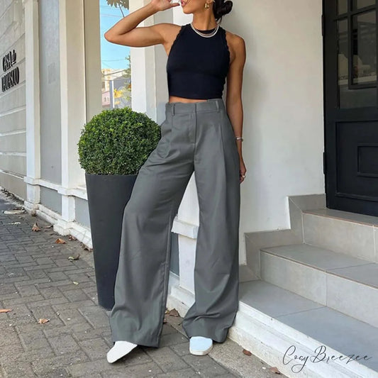 High Waist Loose Fit Cargo Wide Pants Grey / S pants-241228