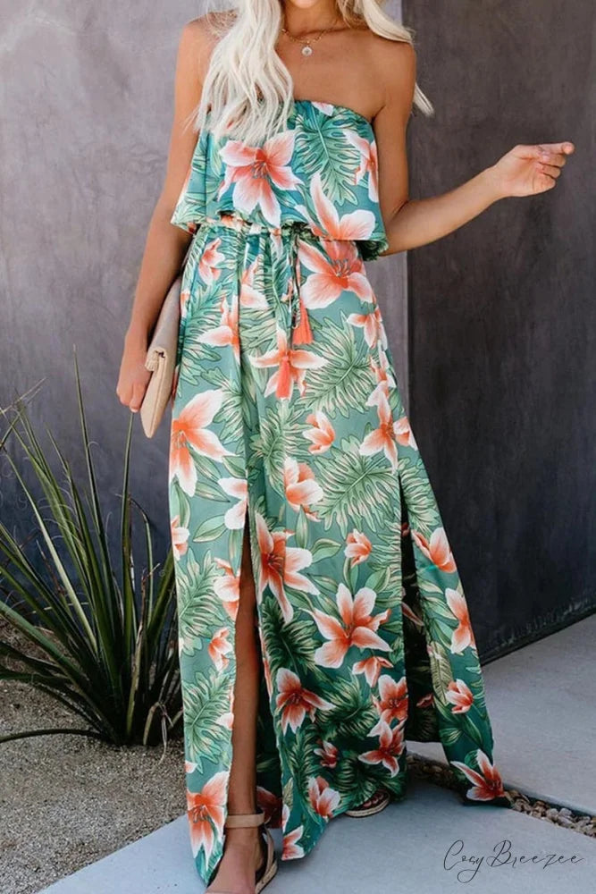 High Waist Off-shoulder Trendy Lace Maxi Dress Green / S