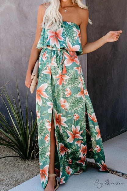 High Waist Off-shoulder Trendy Lace Maxi Dress Green / S