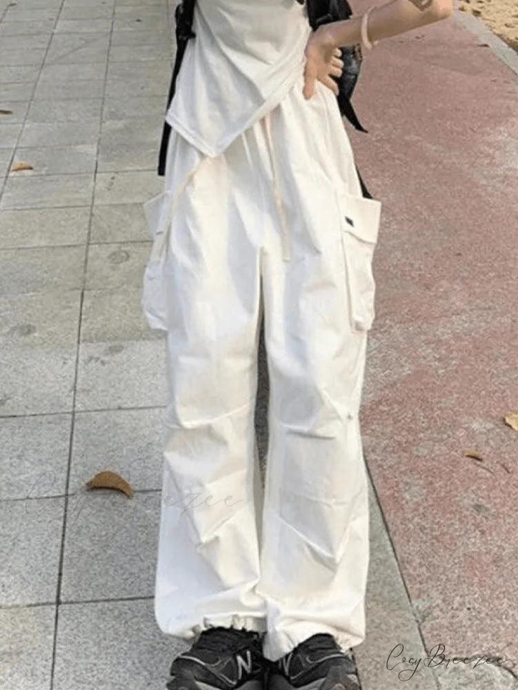 High Waist Pleat Trim Side Classic Pocket Wide Leg Pants - Gray White / S