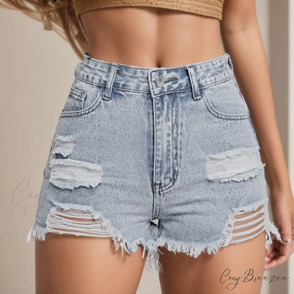 High-Waist Ripped Washed Denim Shorts Light Blue / S short-250223