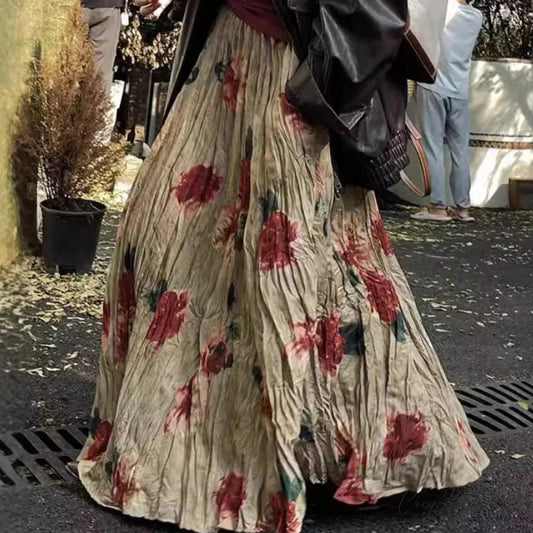 High Waist Rose Pendulum Skirt Boho Draped Pleated Retro Maxi Vintage Rose / One Size skirt-250126