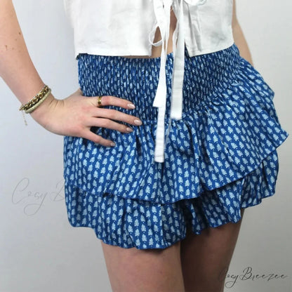 High Waist Ruffled Cottage Skirt blue / S skirts-250223