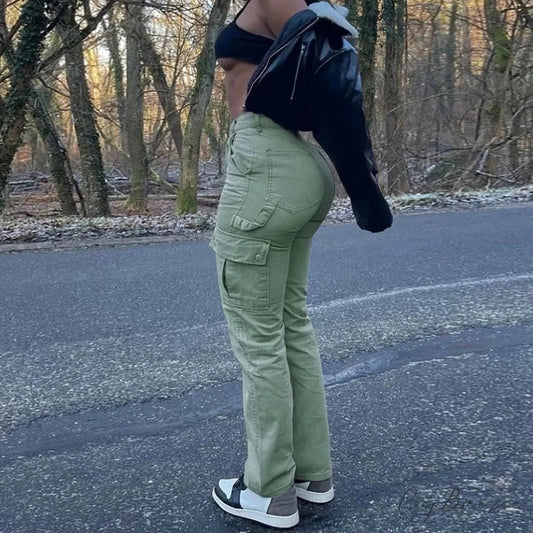 High Waist Slim Fit Cargo Pants Green / S pants-241228
