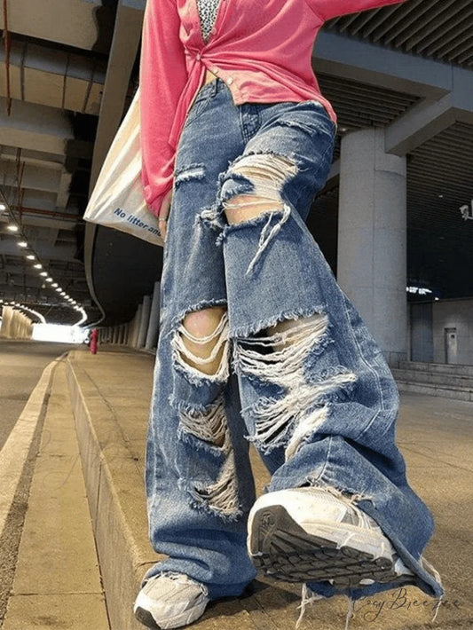 High Waist Straight Trendy Leg Denim Shorts Blue / S