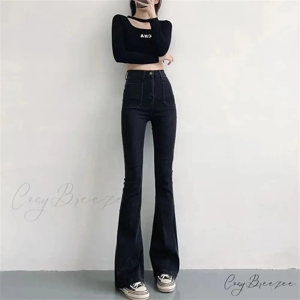 High Waist Stretch Slim Flared Women Bottom Straight Spring Autumn Denim Pants Female Fashion Streetwear Jeans Black / S