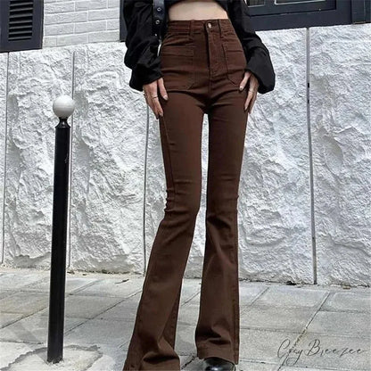 High Waist Stretch Slim Flared Women Bottom Straight Spring Autumn Denim Pants Female Fashion Streetwear Jeans Brown / S