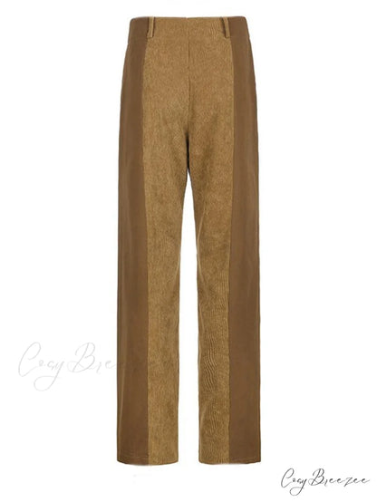 High Waist Wide Trendy Leg PU Pants Khaki / S