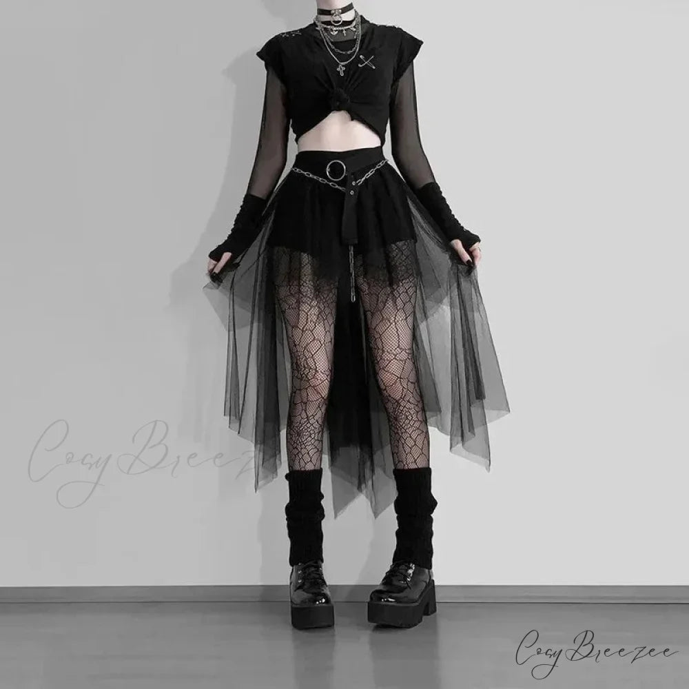 High Waisted Irregular Net Yarn Summer Gothic Casual Sexy Clothes Skirt