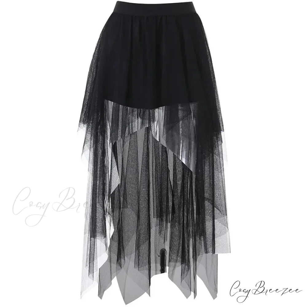 High Waisted Irregular Net Yarn Summer Gothic Casual Sexy Clothes Skirt BLACK / S