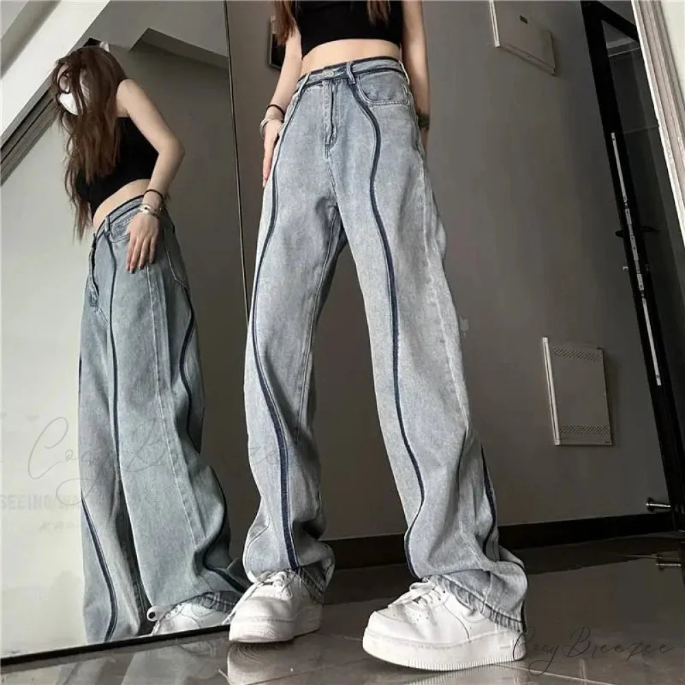 High Waisted Loose Straight Jeans Pants blue / XS pants-241228