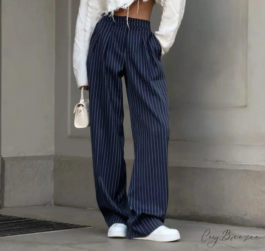High Waisted Straight Leg Wide Leg Navy Striped Casual Pants