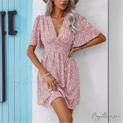 High Waisted V-neck Pleated Floral Dress oldfloraldress-250126
