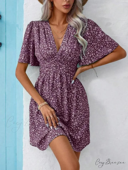 High Waisted V-neck Pleated Floral Dress Purple / S oldfloraldress-250126