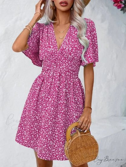 High Waisted V-neck Pleated Floral Dress Rose red / S oldfloraldress-250126