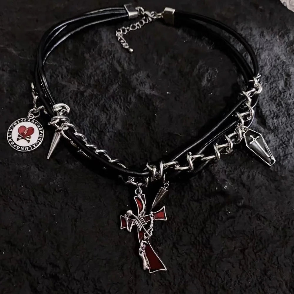 Hip-hop Dark Cross Rivet Triple Leather Chain Personality Necklace BLACK