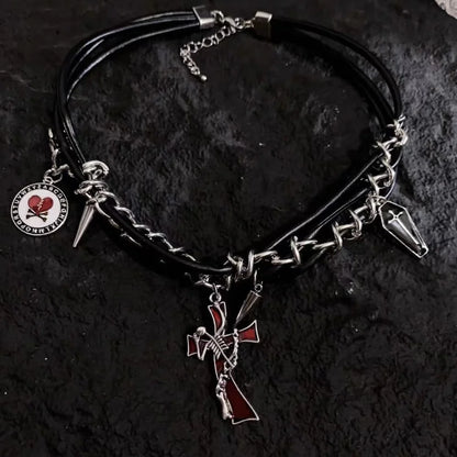 Hip-hop Dark Cross Rivet Triple Leather Chain Personality Necklace BLACK