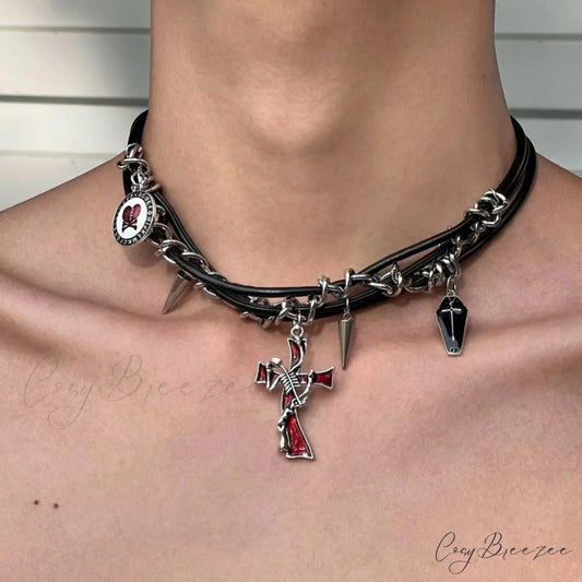 Hip-hop Dark Cross Rivet Triple Leather Necklace BLACK