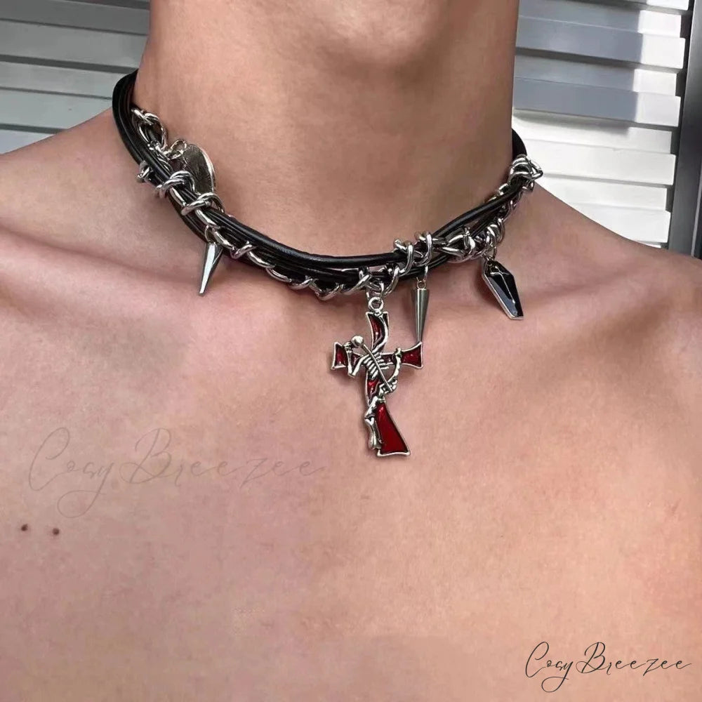 Hip-hop Dark Cross Rivet Triple Leather Necklace BLACK