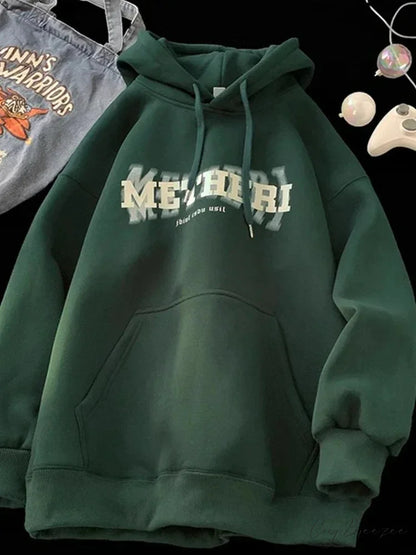 Hip Hop Letter Print Cotton Fleece Hoodie Green / M(40-45KG) hoodies-241228