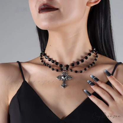 Hip-hop Punk Fashion Dark Cross Beaded NK24900 Necklace BLACK