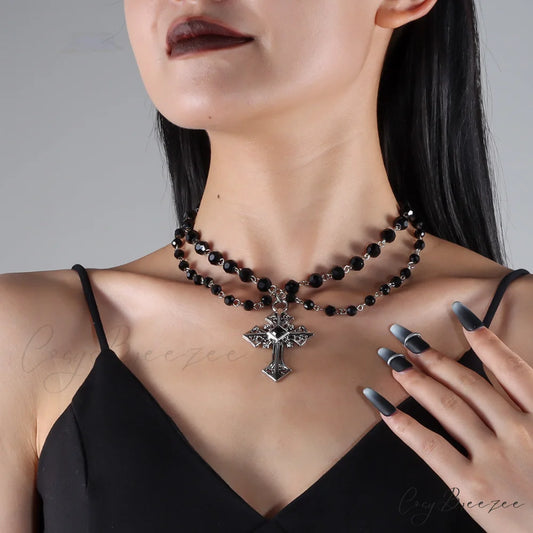 Hip-hop Punk Fashion Dark Cross Beaded NK24900 Necklace BLACK