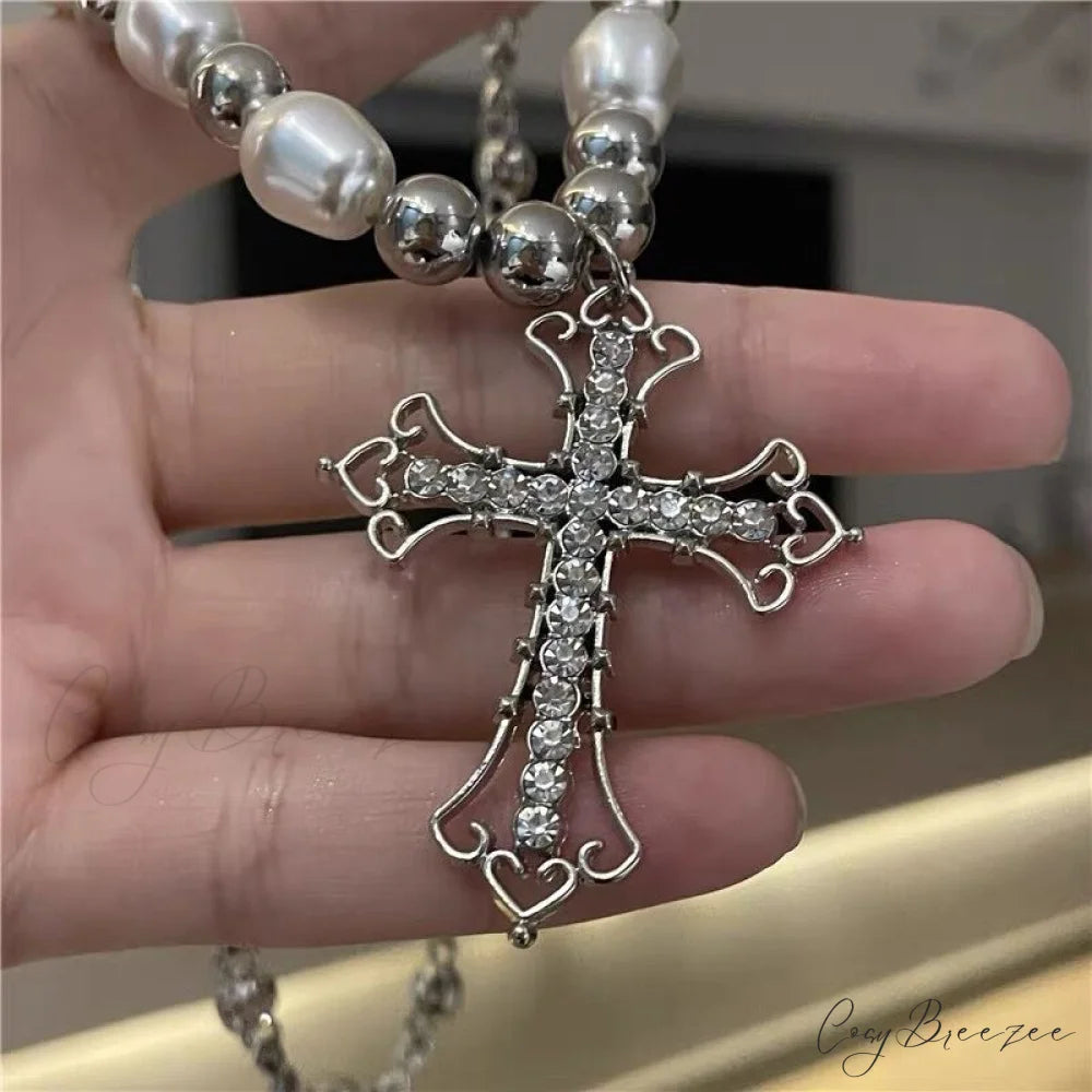 Hip-hop Retro Pearl Punk Dark Gothic Cross Pendant Necklace SILVER