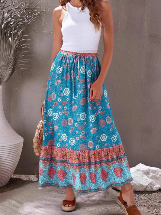 Hippie Vintage Floral Beach Bohemian High Waist Maxi Skirt Blue / S skirt-250126