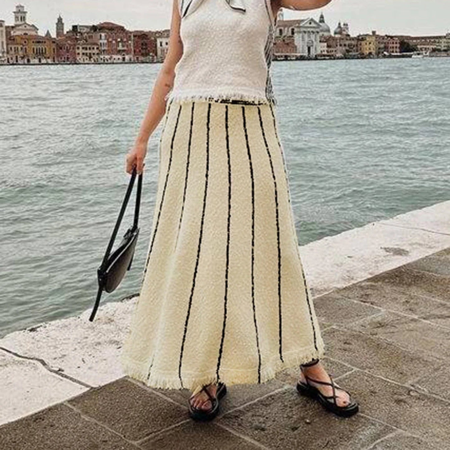 Striped Casual Vintage Elastic Waist Tassel Skirt