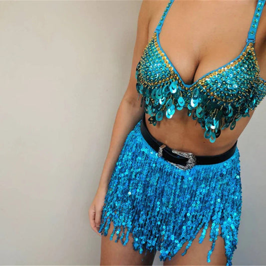 Belly Dance Glitter Sequins Wrap Tassel Skirt