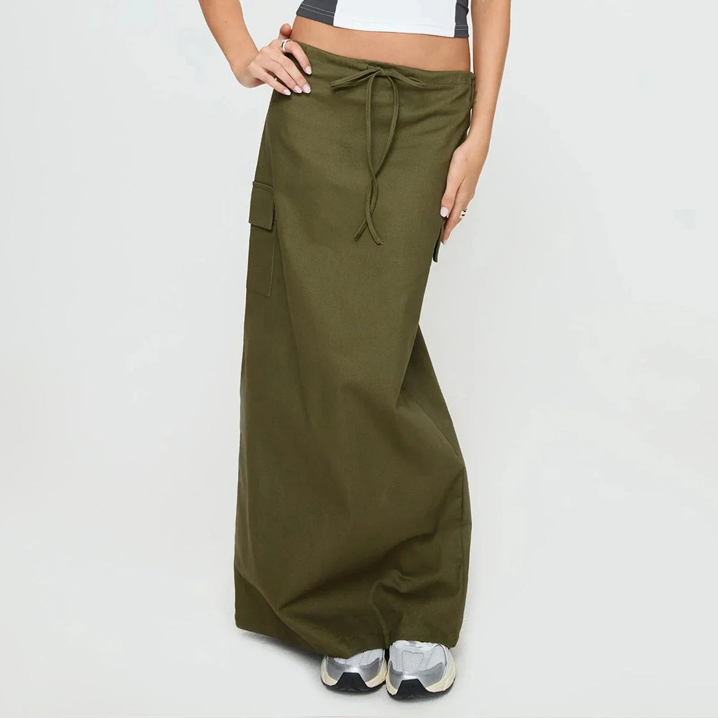 Y2K Cargo Drawstring Bodycon Slit Maxi Skirt