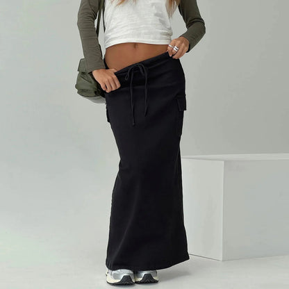 Y2K Cargo Drawstring Bodycon Slit Maxi Skirt