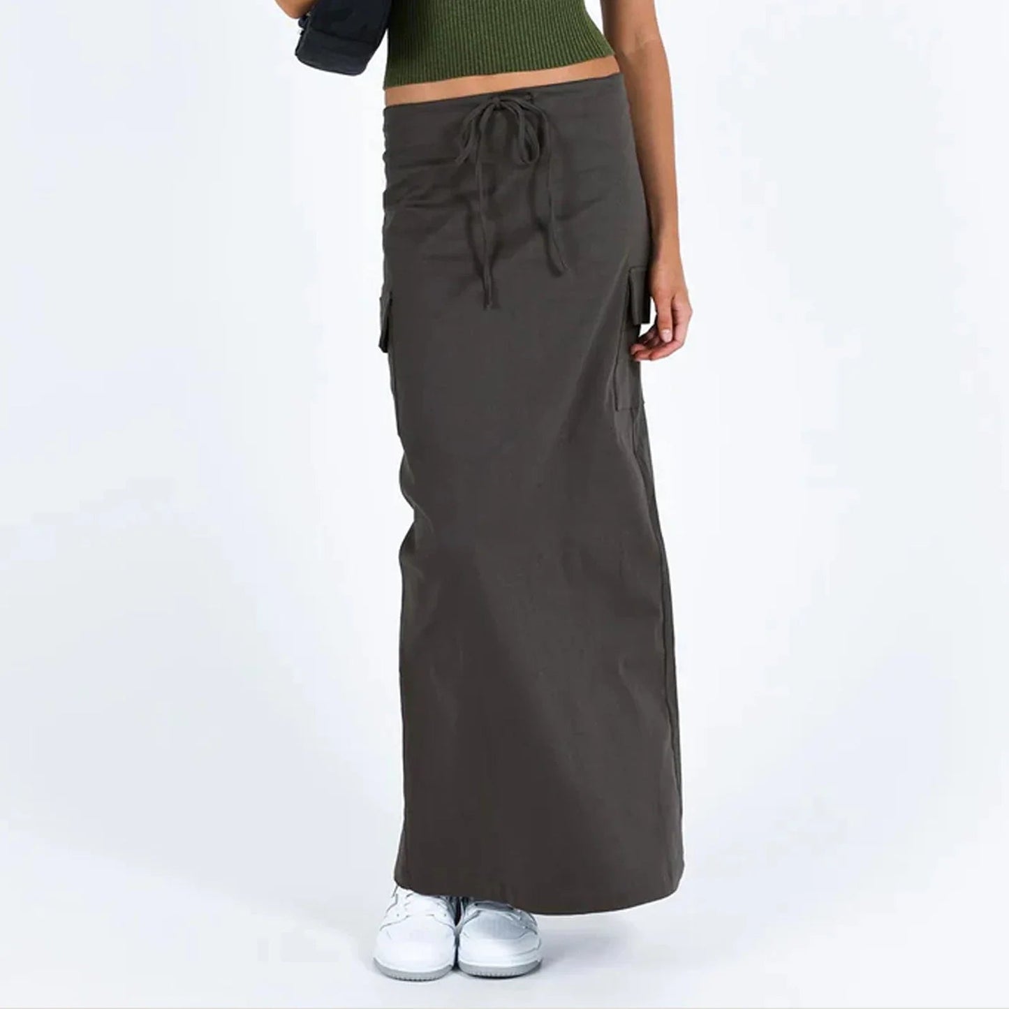 Y2K Cargo Drawstring Bodycon Slit Maxi Skirt