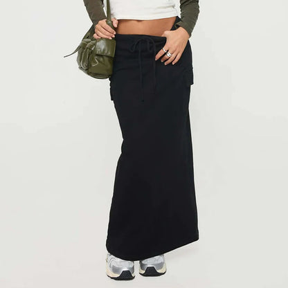 Y2K Cargo Drawstring Bodycon Slit Maxi Skirt