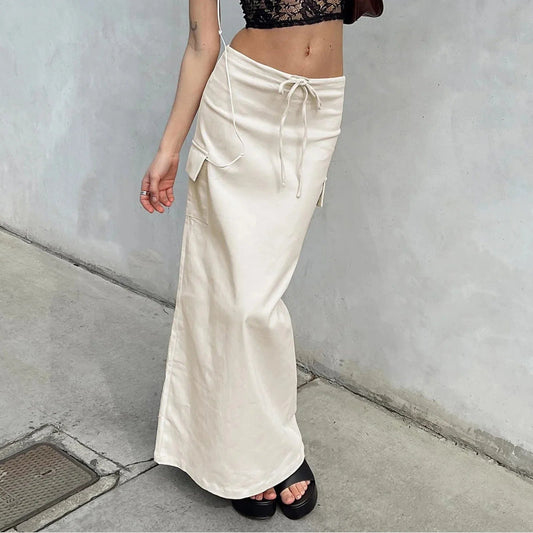 Y2K Cargo Drawstring Bodycon Slit Maxi Skirt