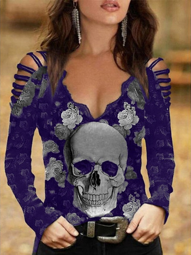 Women's Flowered Off Skull Design Arm Black Painting Regular Cut Out Going Shoulder Blouse Burgundy Tops Neck Basic Tee Fit Halloween Blue Flowered Wine Out Blouse Long Weekend Casual V Cold