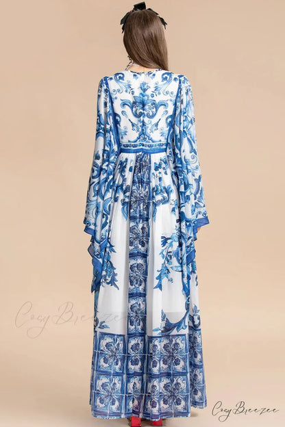 Holiday Glam Mediterraneo Trendy Print Kimono-Sleeve Maxi Dress