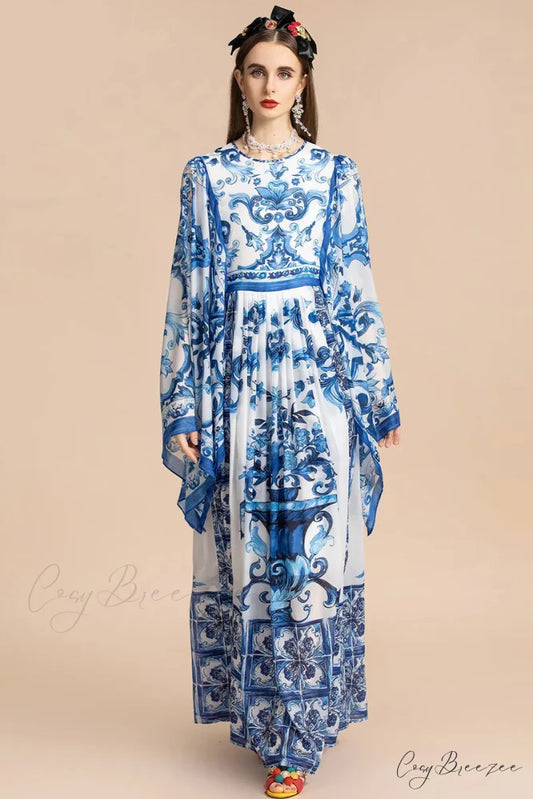 Holiday Glam Mediterraneo Trendy Print Kimono-Sleeve Maxi Dress Blue / S