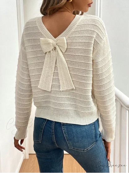 Hollow Bow Striped Long Sleeve Sweater swraters-241228