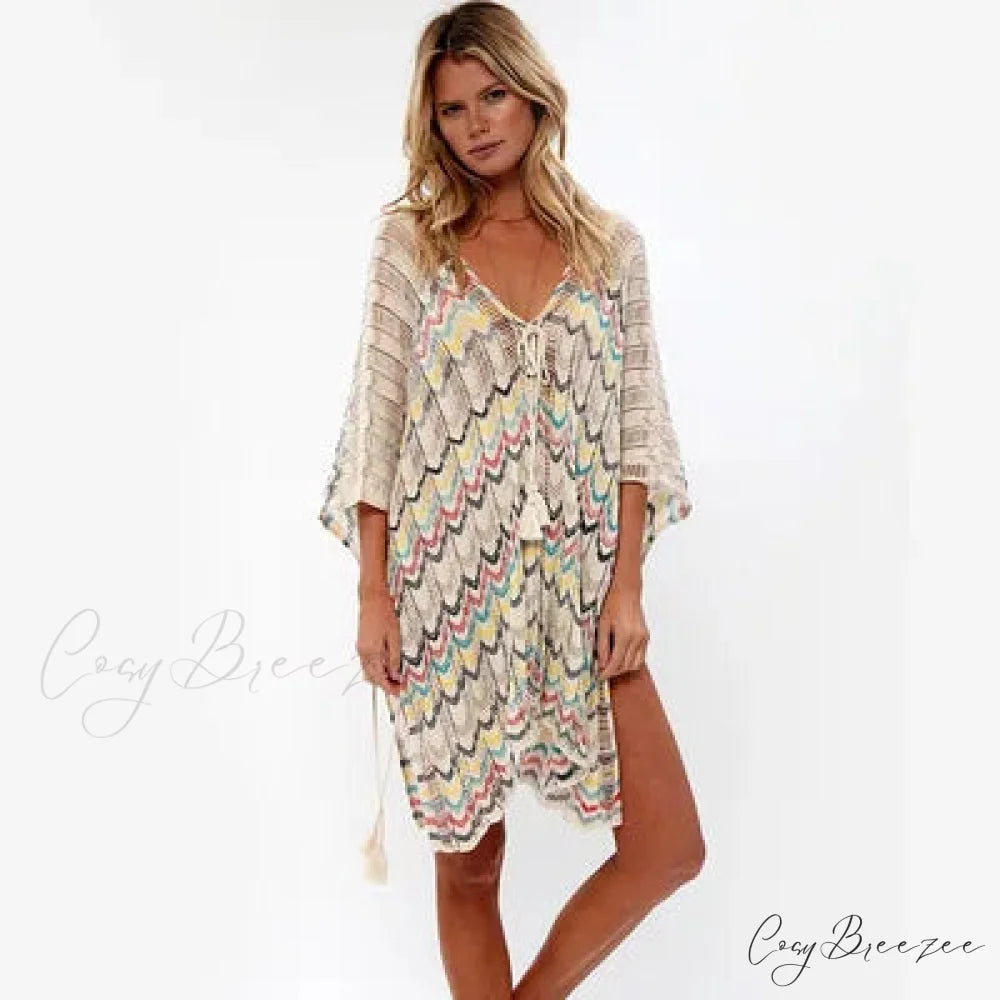 Hollow Deep V-neck Lace Up Tunic Mini Dress Beige / One Size bohodress-250126